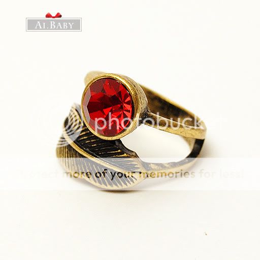 Vintage Bronze Leaf Red Zircon Ring valentines Ring r360  